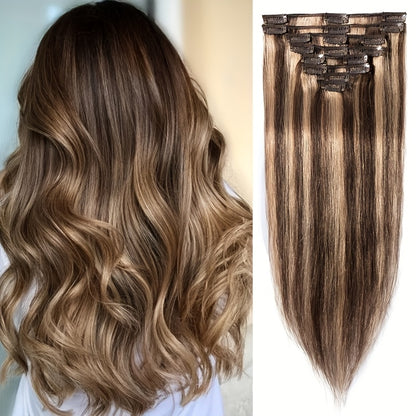 Clip In Human Hair Extensions Straight Remy Hair – 8 Piece Full Head Set with Highlighted Blonde Colors, Natural Seamless Look for Women, 8–24 Inch