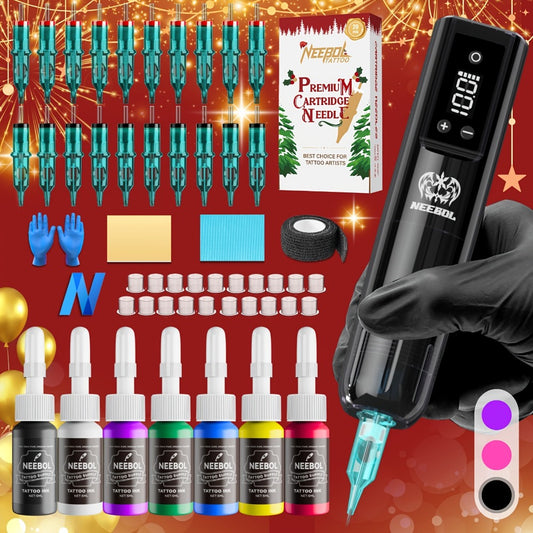 Neebol Tattoo Machine Kit Complete Set, Cordless Tattoo Pen with Screen Display, 6-8 Hours Battery, Wireless Rotary Tattoo Gun Set, 10/20 Tattoo Cartridge Needles, 7 Tattoo Inks, Full Tattoo Supplies for Beginners And Artists, Body Art Makeup Gift