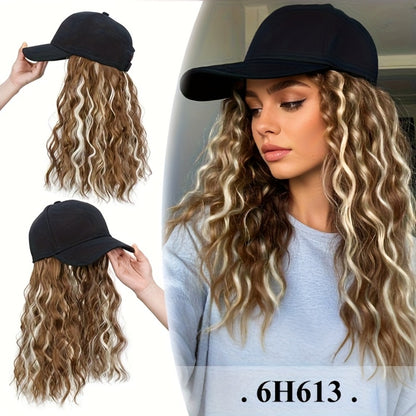 Baseball Cap Wig with Hair Long Curly Wavy Synthetic Wig Adjustable Cap Heat Resistant Elastic Net Base Natural Volume Ombre Highlighted Colors Cosplay Wedding Daily Wear Women 18 Inch