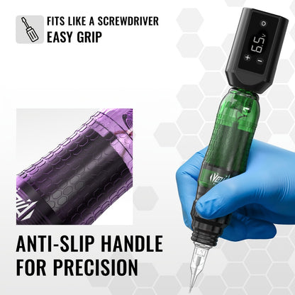 Tattoo Pen Kit VOID Wireless 1200mAh Anti-Slip Grip with 10 Cartridge Needles 5 Ink Shades 3-4 Hour Battery 4-12V Adjustable Rotary Tattoo Gun for Beginners Purple Green