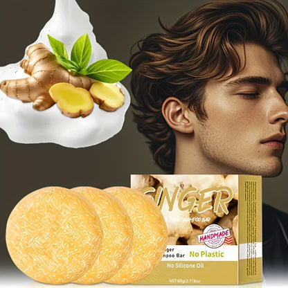 Ginger Shampoo Bar 3pcs × 60g — Natural Handmade Solid Shampoo Bar, Sulfate-Free, Paraben-Free & Vegan | Scalp Stimulating Ginger Formula for All Hair Types | Unisex Travel Size