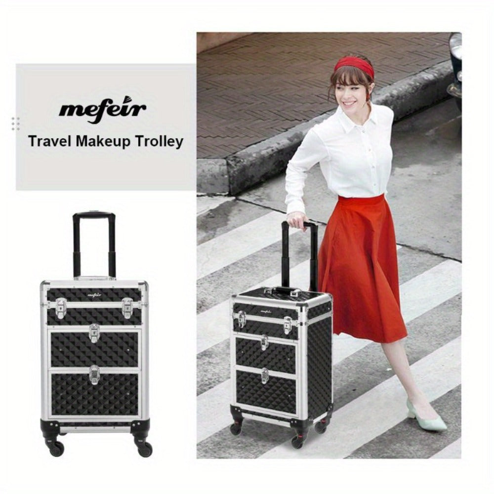 OmySalon Aluminum Rolling Makeup Train Case, Portable Makeup Organizer Suitcase, Cosmetic Storage Box, Travel Beauty Luggage Trolley Lockable W/4 Removable Wheels & 2 Sliding Drawers, Valentines Day Gift for Her (Black), Valentine's Day And Other Festival