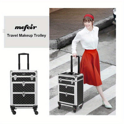 Rolling Makeup Train Case Aluminum Lockable Trolley with 4 Wheels 2 Sliding Drawers Telescopic Rod Portable Cosmetic Organizer Suitcase for Makeup Artists Salon Travel Beauty Storage Black