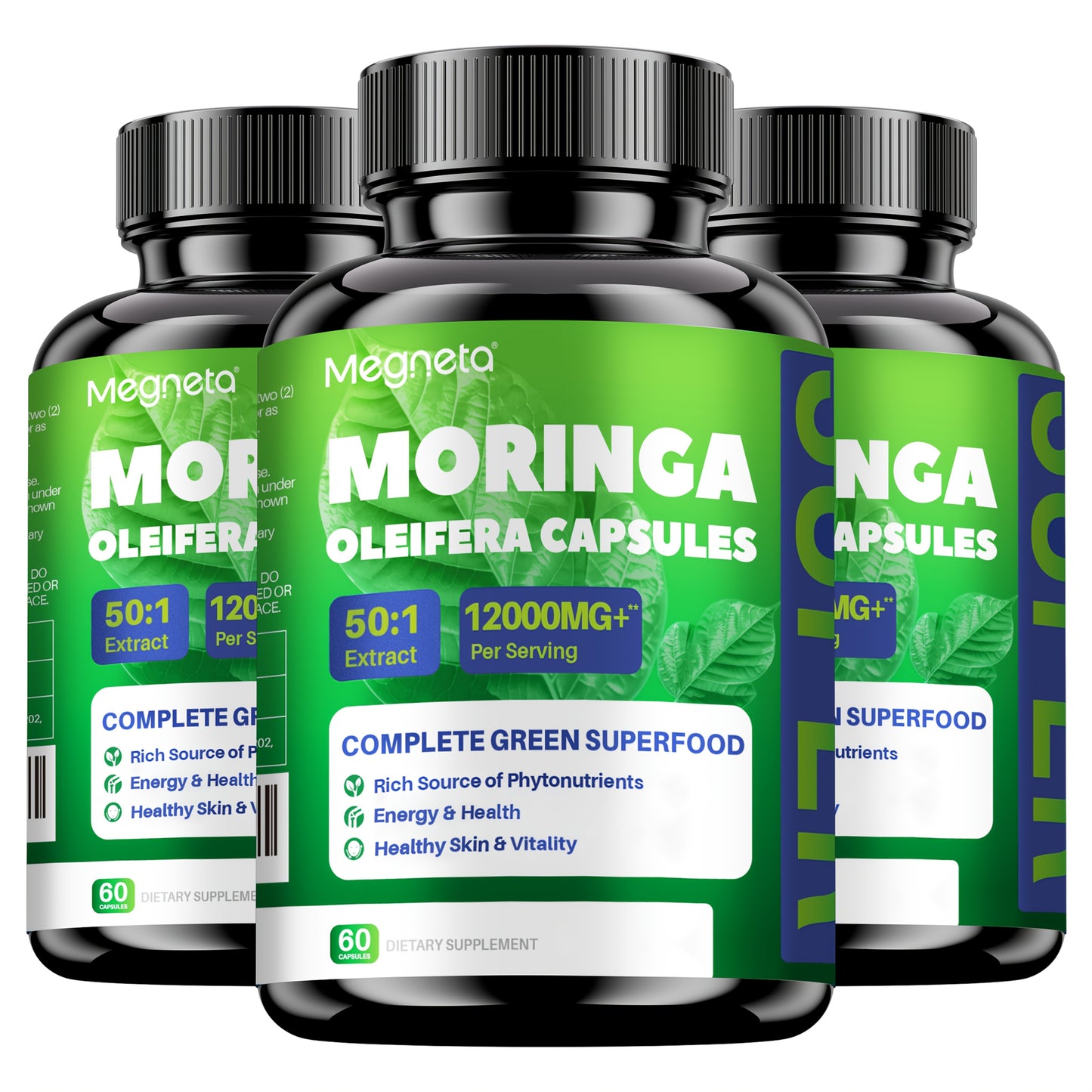 Moringa Capsules 12000mg — Pure Moringa Powder Supplement for Energy, Skin Health, Gut Health & Immune Support | Rich in Antioxidants | 60 Capsules per Bottle