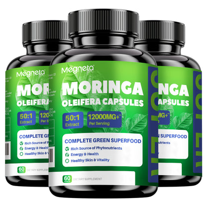 Moringa Capsules 12000mg — Pure Moringa Powder Supplement for Energy, Skin Health, Gut Health & Immune Support | Rich in Antioxidants | 60 Capsules per Bottle