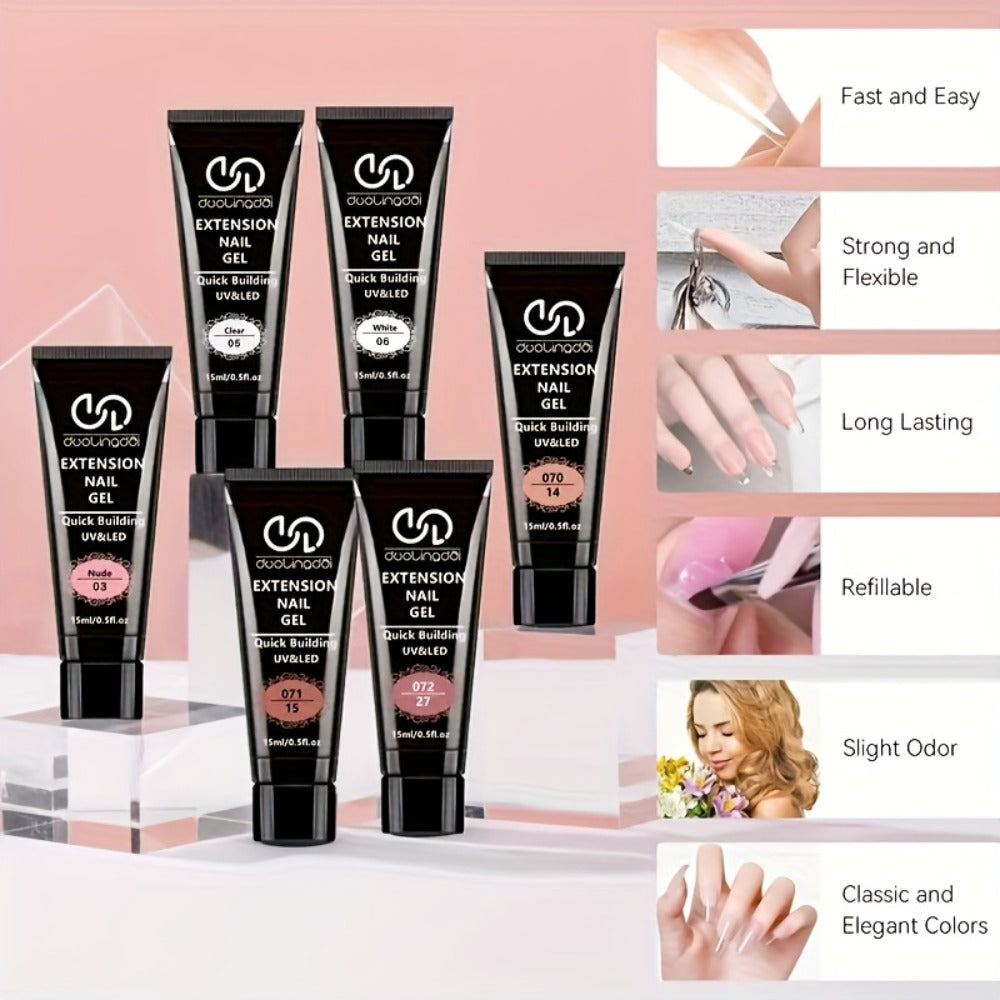 All-in-One Poly Nail Gel Kit: 6 Colors (Clear, Pink, White) Hard Builder Gel for Nail Extensions & Thickening - Long-Lasting Salon & Home Use Nail Strengthening System, French Manicure Solution for, brittle, thin Nails