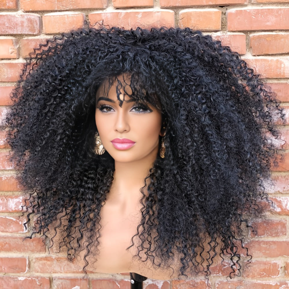 Afro Kinky Curly Wig with Bangs 18 Inch — Glueless Long Synthetic Heat Resistant Hair, Machine Made Natural Afro Bomb Curl Wig in Ombre Blonde Brown Red Black for Women