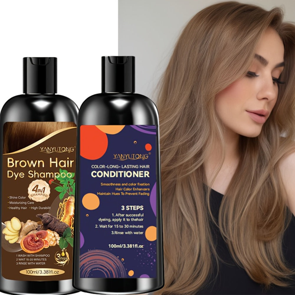 Hair Dye Shampoo and Conditioner Set — 4-in-1 Long-Lasting Hair Color with Ginger & Herbal Extracts, Gentle Gray Hair Coverage, Moisturizing Formula for All Hair Types, 3 Shades