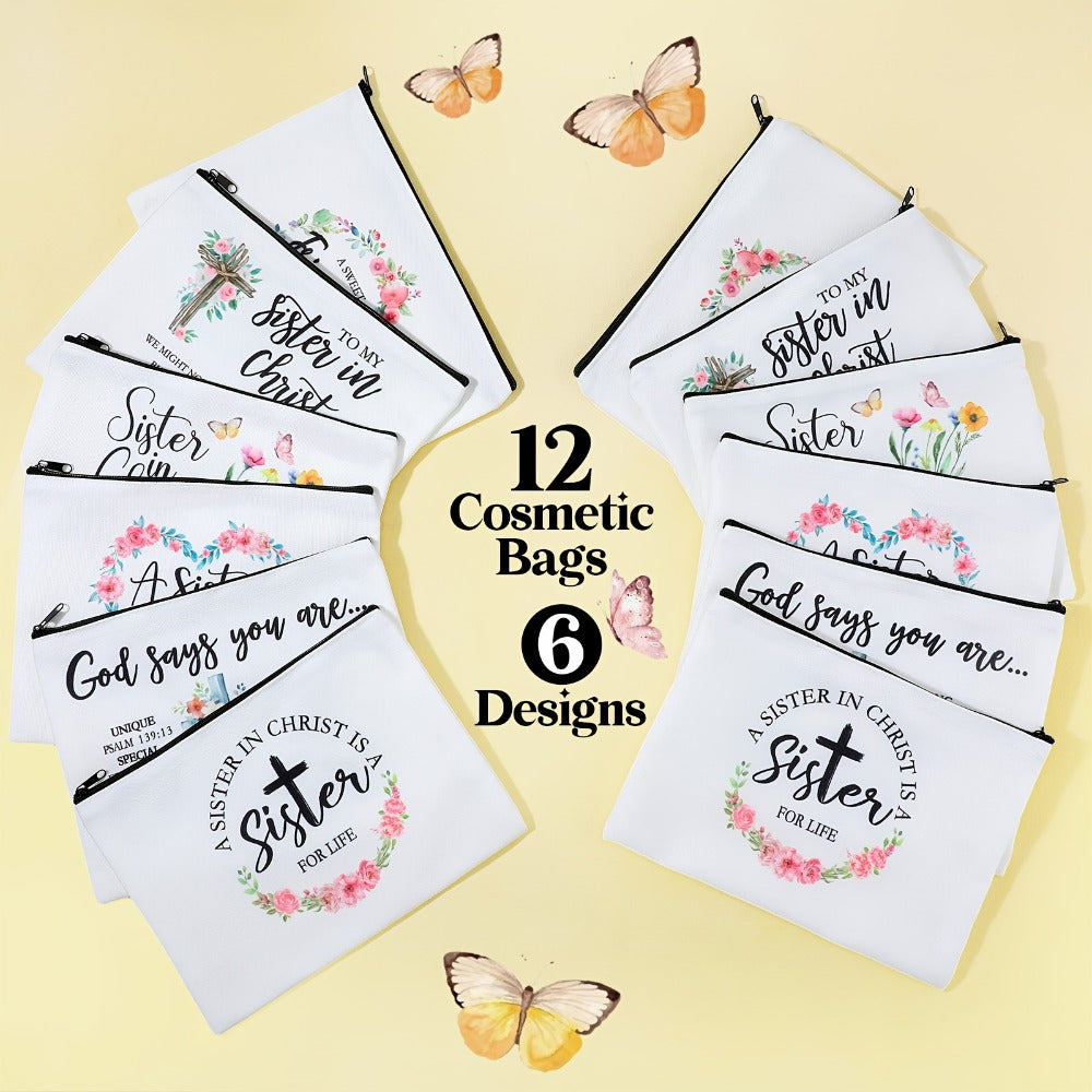 12pcs Sisters in Christ Makeup Bags Christian Gifts for Women Christian Secret Sister Cosmetic Bags Inspirational Religious Valentine Mother'S Day Birthday Gift for Best Friends