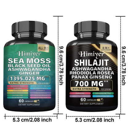 Sea Moss & Shilajit Supplement Bundle 10 Bottles – 12-in-1 Sea Moss + 8-in-1 Shilajit with Ashwagandha, Black Seed Oil, Ginseng & Bladderwrack | Morning & Evening Energy Formula for Men & Women