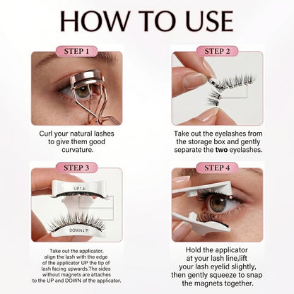 Magnetic Eyelashes Glue-Free Reusable False Lashes – Natural Wispy Fluffy Cat Eye Style, Waterproof Sweatproof with Applicator & Case, Black & Pink Set for Daily Wear, Parties & Gifts