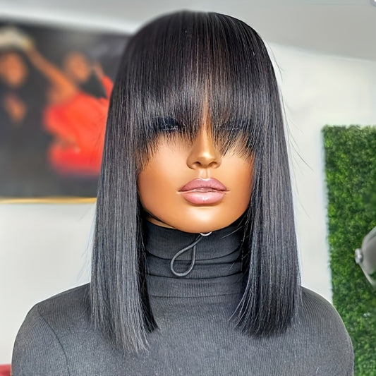 Natural Look 250% Density Straight Human Hair Wig with Bangs - Full Machine-Made Wigs Suitable for Daily Wear, Parties & Festivals - Comfortable Wearable Hair