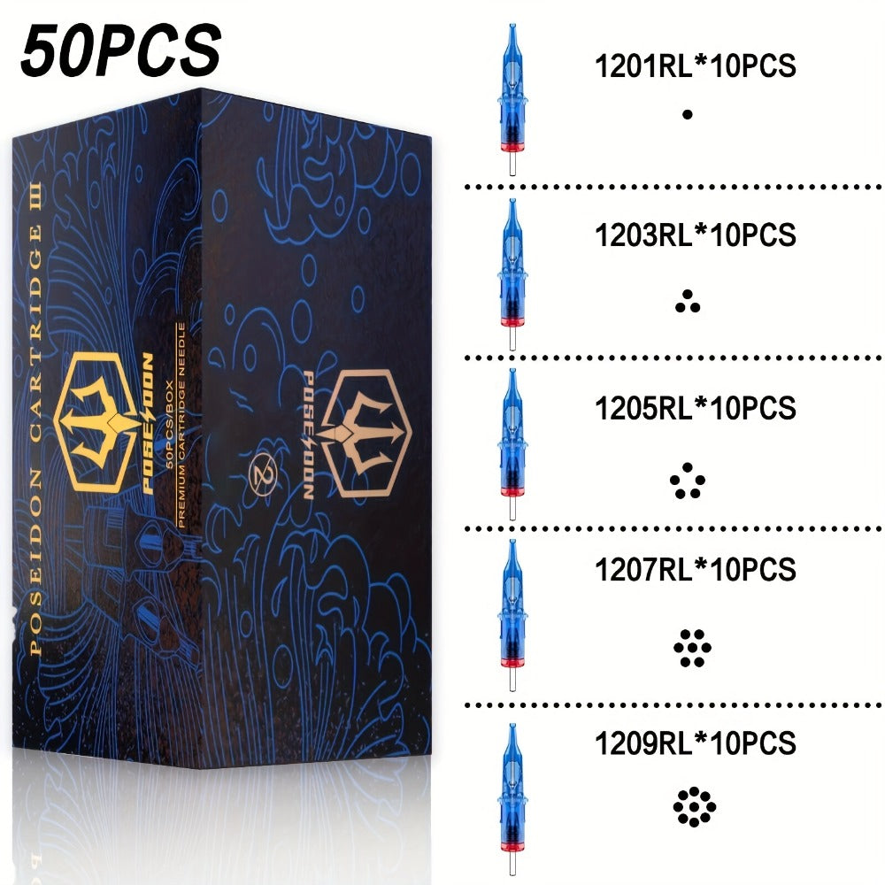 POSEIDON V3 Tattoo Cartridge Needles 50pcs Mixed Size Steriled Needles With Membrane Safety Cartridges-1203RL, 1205RL, 1207RL, 1209RL, 1207RM, 1209RM, 1205RS, 1207RS, 1209RS, 1207M1