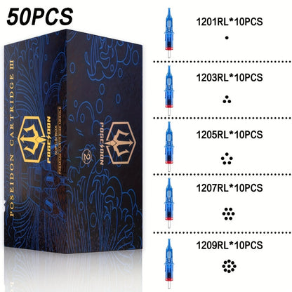 Tattoo Cartridge Needles 50pcs POSEIDON V3 Mixed Assorted Sizes with Membrane Safety Cartridges Stainless Steel Sterile Needles for Tattoo Machine Pen RL RS RM