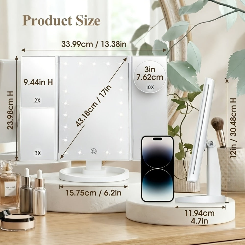 Makeup Mirror, Tri-Fold Lighted Adjustable Vanity Makeup Mirror with 21 LED Lights, Touch Screen And 3X/2X/1X Magnification (Free 10X Mini Mirror Included), Two Power Supply Modes, 360° Rotation, Ideal Gift Option (Rose Golden/White/Black)
