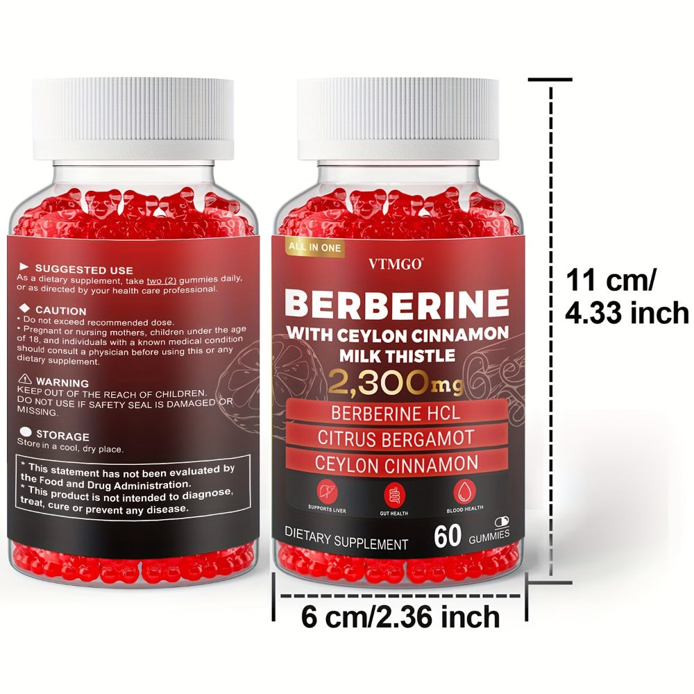 2300Mg Premium Berberine HCL Supplement - with Pure True Ceylon Cinnamon, Milk Thistle, Turmeric for Natural Health And Wellness. Nature'S Gift of Health And Happiness, Berry Flavor, Suitable for Both Men And Women. 60 GUMMIES