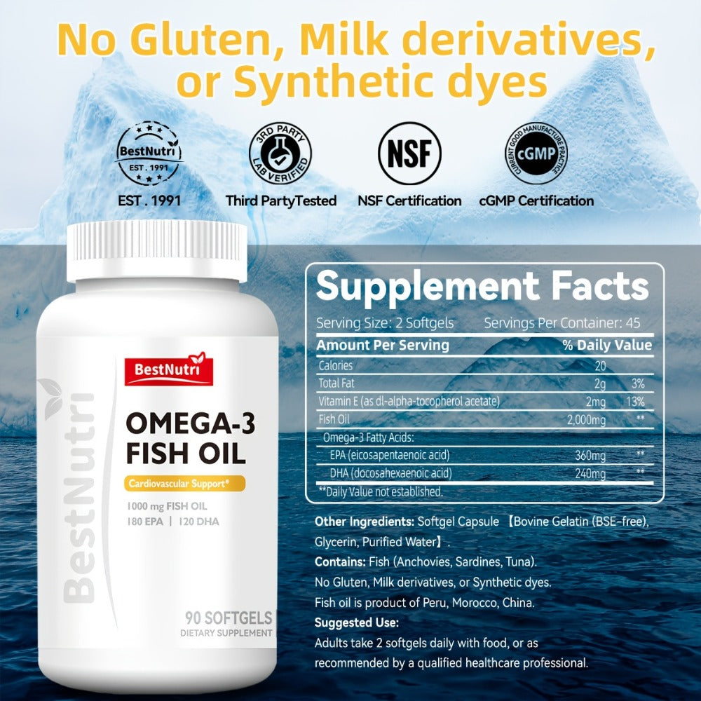 Omega-3 Fish Oil - 2000mg Per Serving, EPA & DHA for Brain Vitality & Heart Health, Cold - Extracted, CGMP, Suitable for Young Adults & Adults - Omega-3 PRO (60 Sgels); Omega-3 PRO (90 Sgels); New Upgrade (60 Sgels); New Upgrade (90 Sgels)