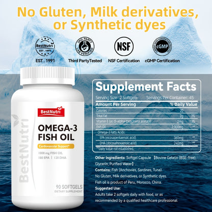 Omega-3 Fish Oil 2000mg Softgels — EPA & DHA for Brain Vitality & Heart Health | Cold-Extracted CGMP Certified | For Adults & Young Adults | 60 or 90 Softgels