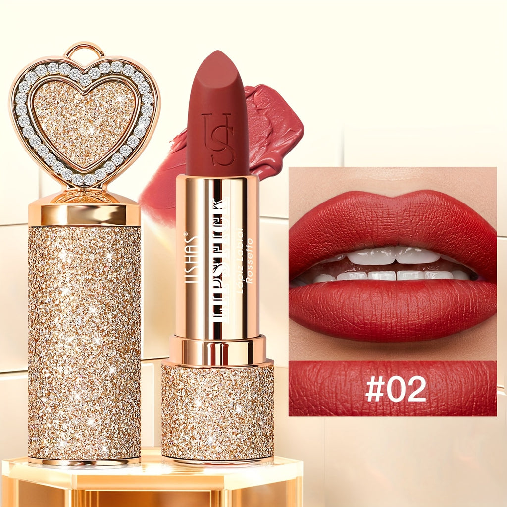 USHAS 24H Matte Lasting Lipstick - Layerable Coverage, Transfer-Resistant, Vibrant Color, Velvet Matte End with Heart-Shaped Design, Richly Pigmented, Easy Application, Durable Wear, Ideal for All-Day Comfort And Effortlessly Chic Lip Makeup