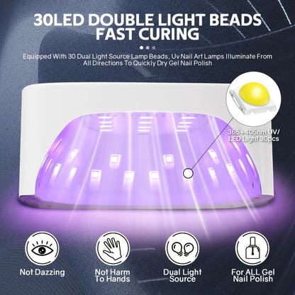 Nail Dryer UV LED Lamp 30 Beads – Rechargeable Professional Gel Nail Curing Light with 3 Timer Settings | Fast Curing Nail Lamp for Home & Salon, Cordless Nail UV Light