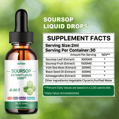 Soursop Liquid Drops 4-in-1 Bitter Concentrate with Black Seed Oil, Ashwagandha & Seaweed | High-Purity Extraction Immune & Antioxidant Support Supplement | 2 fl oz | 1 or 2 Bottles