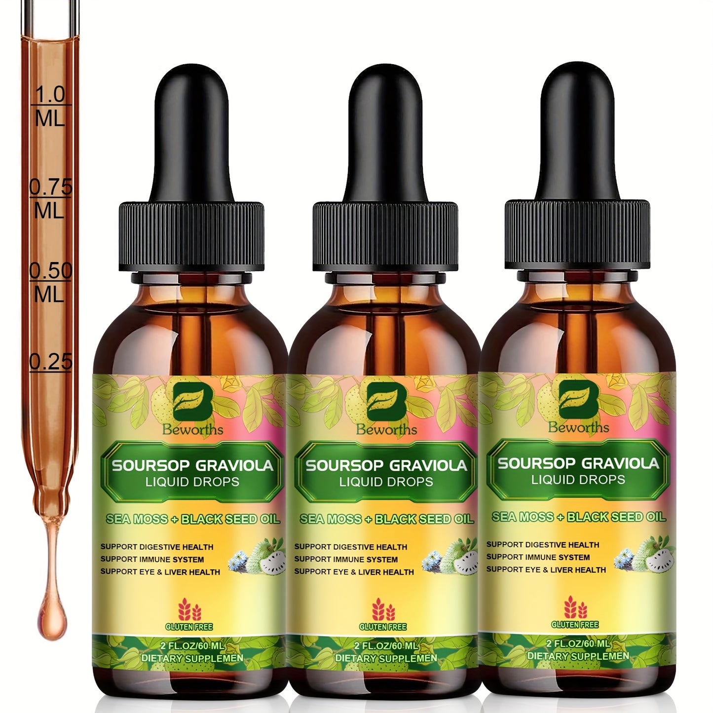 [8-IN-1 Soursop Drops] 1/3 Bottles 8-IN-1 Soursop Liquid Drops, Graviola Leaf & Fruit Complex Supplement With Sea Moss,Black Seed Oil,Elderberry,Burdock Root,Tumeric, Gluten-Free,Serene Herbs Soursop Bitters,Serene Soursop For Daily Health & Wellness