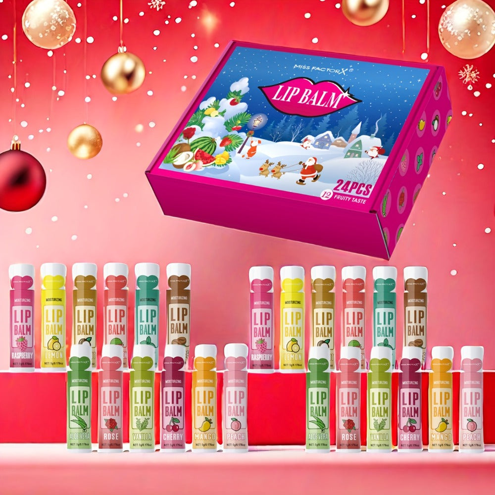 [Christmas Lip Balm Set] 24pcs/Box Christmas Theme Gift Lip Balm Set | Plant Fragrance, Long-lasting Moisturizing, Brightening Lip Color, Suitable for Men and Women, New Year Party Gift for Women