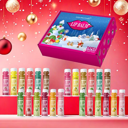 Lip Balm Set 24 Pcs — Christmas Theme Gift Box with Plant Fragrance, Long-Lasting Moisturizing & Brightening Lip Color, Suitable for Men & Women, Holiday & New Year Party Gift