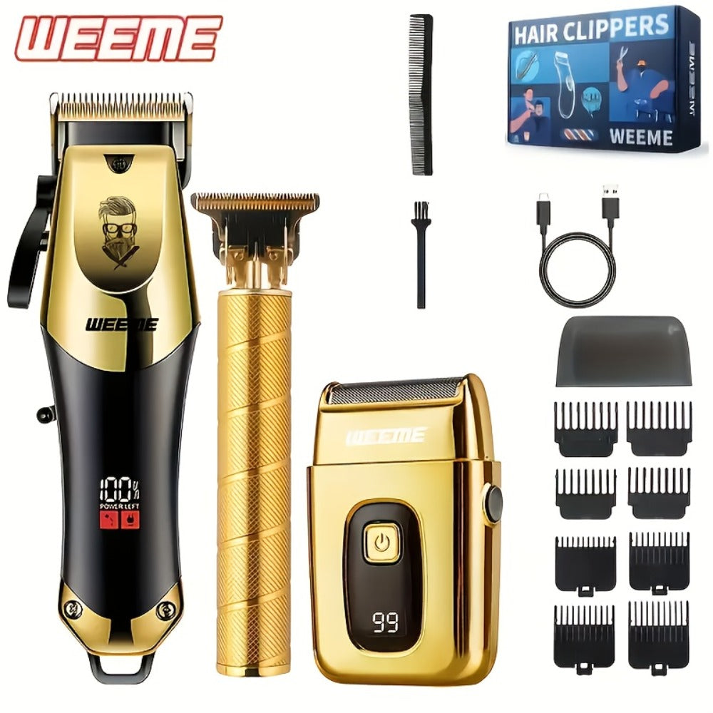 [Christmas New Year Gifts] WEEME All Golden Series 3pcs/2pcs/1pc Men's Hair Clipper Set - Hair Cutting Kit, T-Blade Trimmer, Combs, USB Cable, Cleaning Brush-Perfect Christmas And New Year Gifts