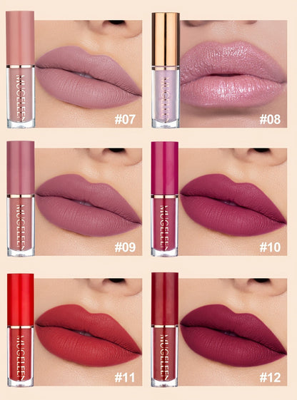 Lip Gloss Set 12 Pcs Matte Lip Glaze Kit with Pearlescent Shades - Non-Stick Cup Long-Lasting Non-Fading Velvety Finish Lip Makeup Gift Set for Women