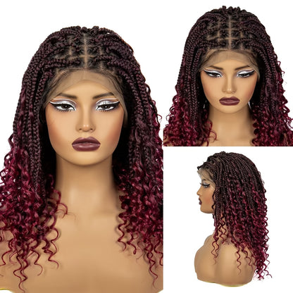 Braided Wig Knotless Full Lace with Curly Ends - 180% Density Synthetic Handmade Braid Wig for Women Natural Hairline Party Holiday 16 Inch