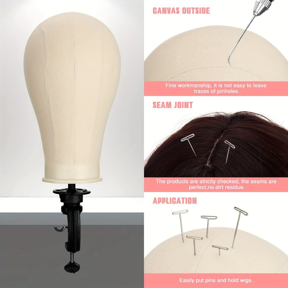 Wig Stand with Mannequin Head Canvas Block Set — 22 Inch Tripod Stand, T-Pins & Bristle Brush Included, Complete Wig Styling Kit for Home & Salon Use
