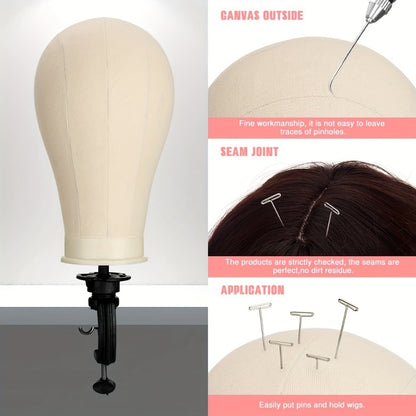 Wig Stand with Mannequin Head Canvas Block Set — 22 Inch Tripod Stand, T-Pins & Bristle Brush Included, Complete Wig Styling Kit for Home & Salon Use