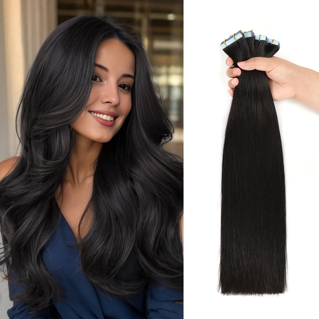 Tape In Hair Extensions Human Hair Straight Natural Black Human Hair 10pcs 30g/pack Seamless Skin Weft Tape In Extensions for Women ( #1B Natural Black)