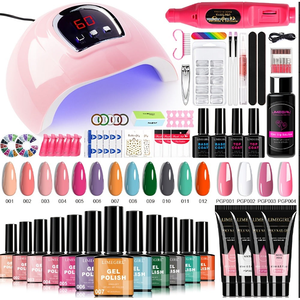 New Year 12 Colors Gel Nail Polish Kit with Nail Lamp Electric Nail Drill, 4 Colors Poly Extension Gel Nail, Nail Cutter, Nail Glitter, Top Coat Base Coat, Nail Art Design Gel Kit Valentine's Day Gift
