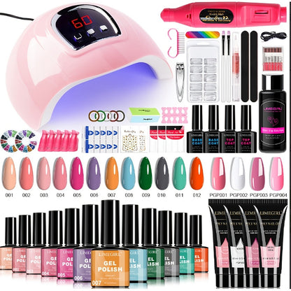 Gel Nail Polish Kit with UV Lamp & Electric Nail Drill - 12 Colors Gel Polish, Poly Extension Gel, Top & Base Coat, Glitter, Nail Art Complete Starter Set for Home Salon