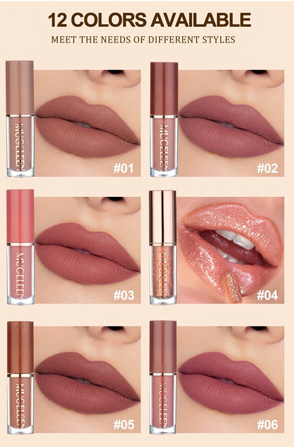 Lip Gloss Set 12 Pcs Matte Lip Glaze Kit with Pearlescent Shades - Non-Stick Cup Long-Lasting Non-Fading Velvety Finish Lip Makeup Gift Set for Women