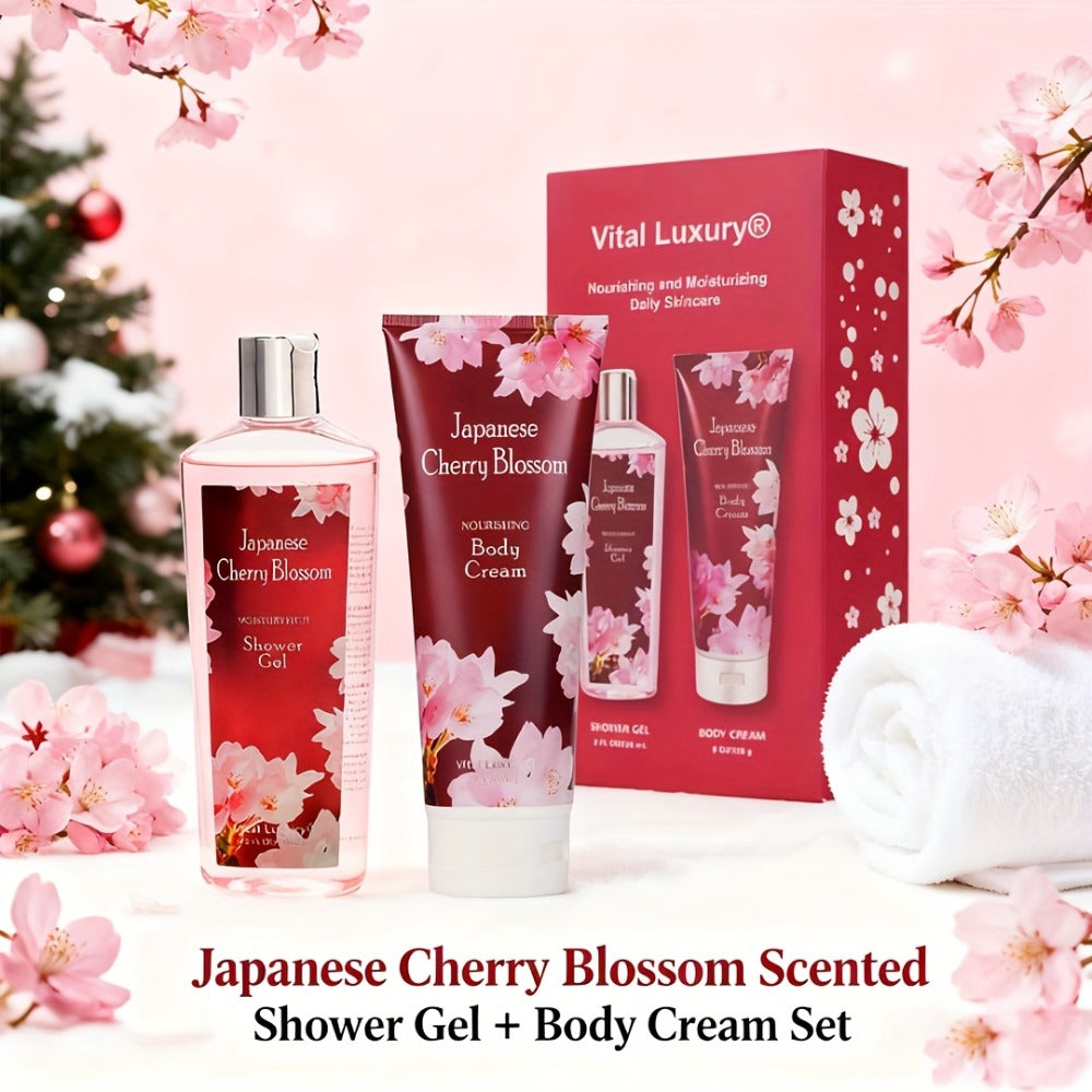 Body Care Gift Set - Cherry Blossom Fragrance 8 Oz 2pcs Body Wash And Body Cream Set, Light And Non-Sticky Long-Lasting Fragrance, The Perfect Valentine'S Day Gift, Mother'S Day Gifts, Gathering Gift Set, Large Capacity Suitable for All Skin Types