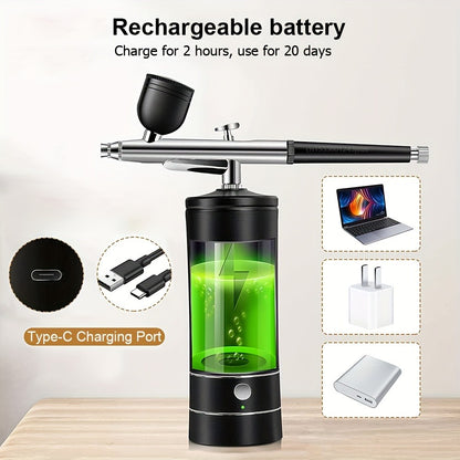 Airbrush Kit USB Rechargeable Portable Compressor 23-27PSI 0.3mm Nozzle - 2-Speed Pump with Airbrush 2 Paint Pots & Brush - for Makeup Cake Decorating Crafts Tattoos Nail Art