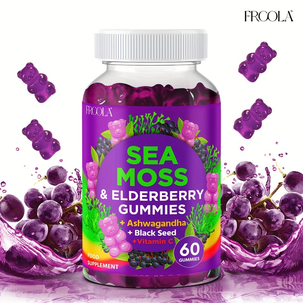 Sea Moss Gummies, with Turmeric, Ashwagandha, Sea Moss, Black Seed Oil, Ashwagandha, Ginger, Shilajit Gummies with Elderberry, Advanced Seamoss Vitamin Multi Mineral Complex Supplement Gummis for Energy, Immune- 60 Count
