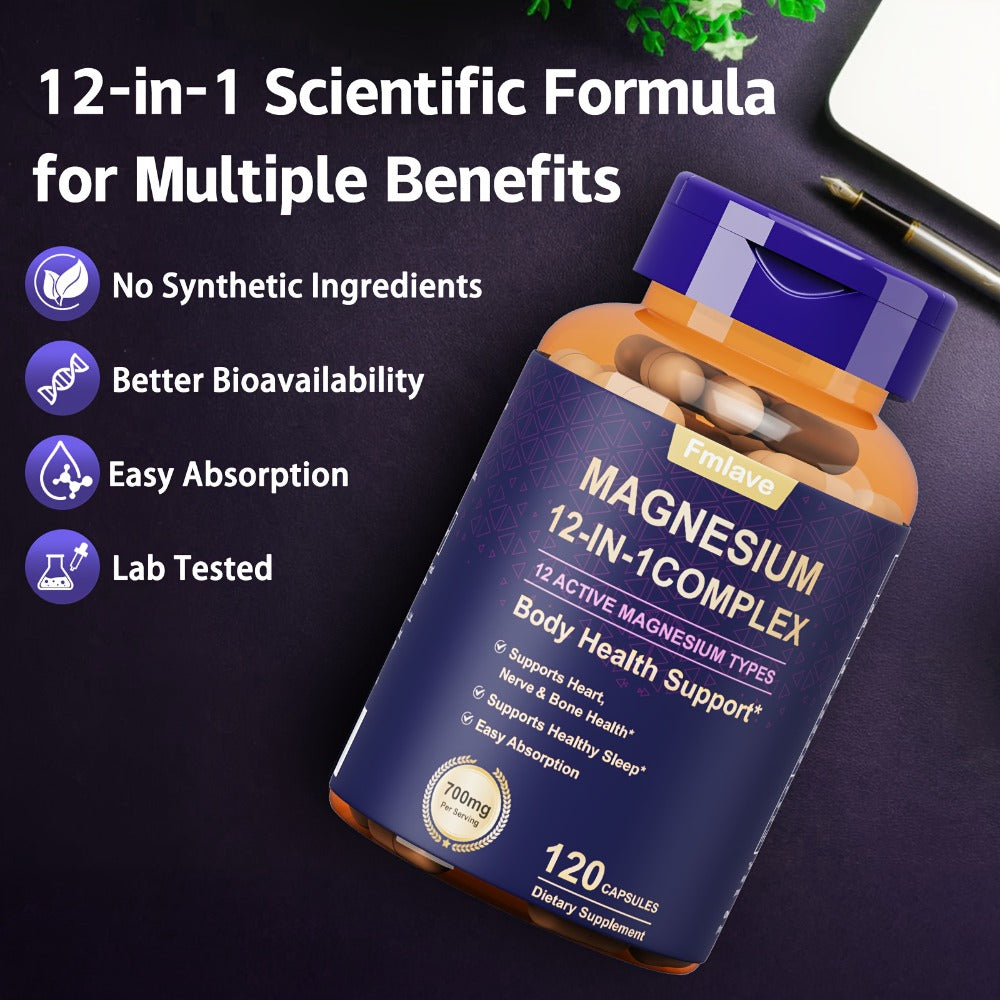 Fmlave 12 In 1 Magnesium Glycinate, 700MG Magnesium Complex WIth Citrate, Malate, Carbonate, Taurate, Oxide, Easily Absorbable Calm Magnesium Supplements Support Bone, Heart & Sleep Health, Relaxation, Gluten Free, 120 Capsules
