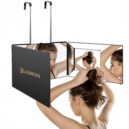Hair Cutting Mirror 3-Way 360° View Self Haircut Mirror with LED Light Anti-Fog HD Glass - Triple Fold Height Adjustable Door Wall Table Mount DIY Barber Mirror