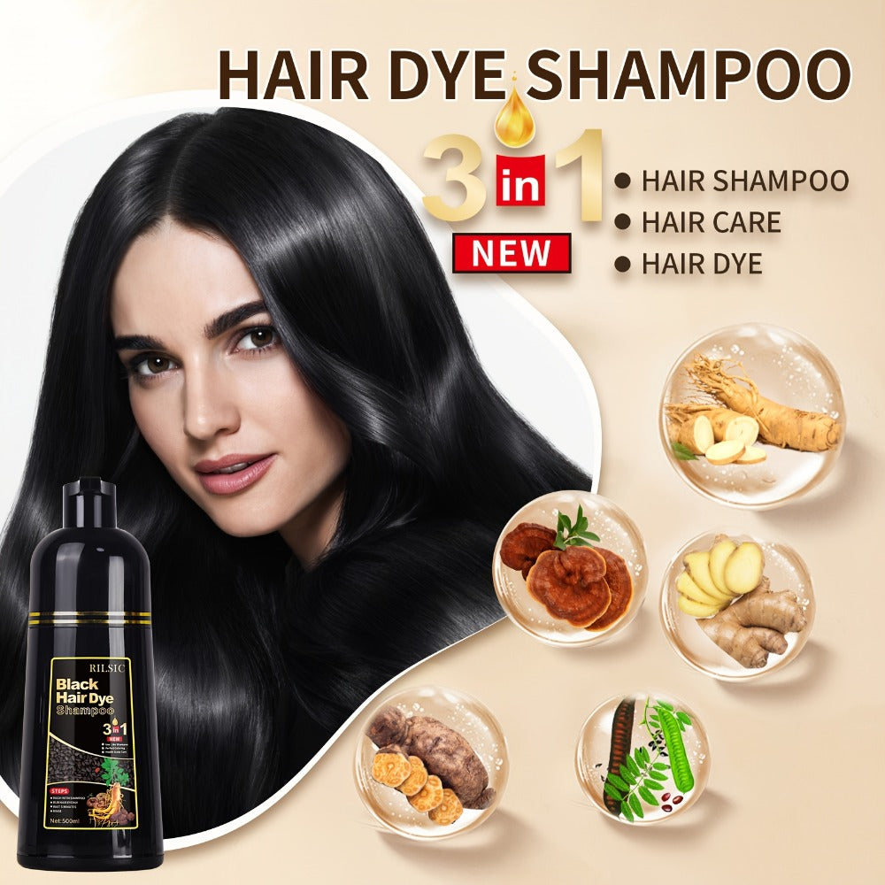 Hair Dye Shampoo 3-in-1 — RILSIC Instant Gray Coverage, Plant Squalene Natural Formula, 100% Grey Hair Color for Women & Men, 16.91oz