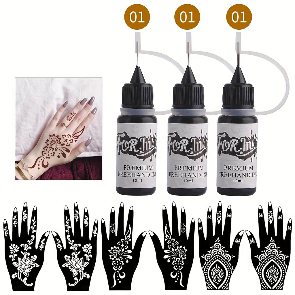 Temporary Tattoo Kit Freehand Ink Semi Permanent Tattoo Jagua Gel Free Stencils Fake Freckles Temp Tattoos for Women Men - Full Kit 3 Bottles (2 Bottles Brown, 1 Bottle Red Color ) for Weddings, Valentine'S Day