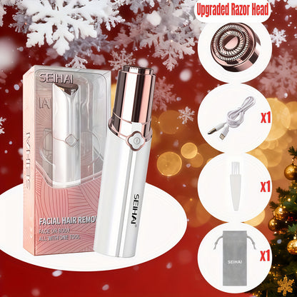 Electric Facial Shaver for Women USB Rechargeable Epilator Hair Remover for Face Bikini Legs Arms Underarms Portable Body Trimmer with Velvet Pouch 2 Replacement Heads Travel-Ready
