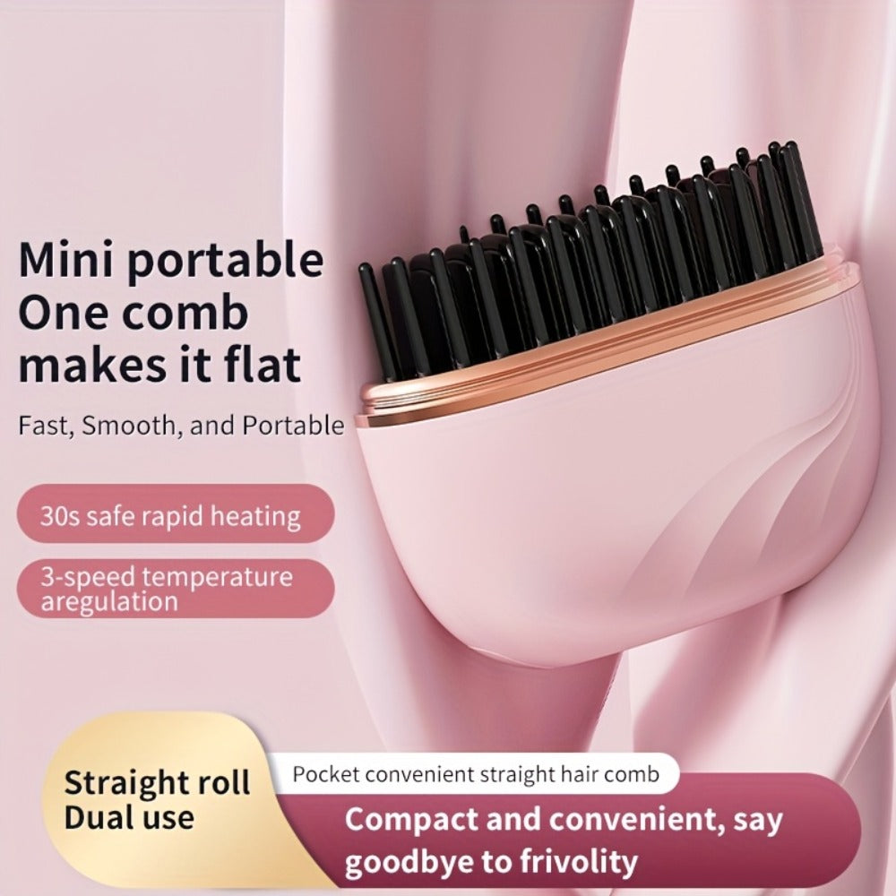 Mini Straightening Brush USB Rechargeable — Portable Flat Iron Hot Comb for Bangs, Travel Hair Straightener, Compact Styling Tool for Women, Students & Professionals