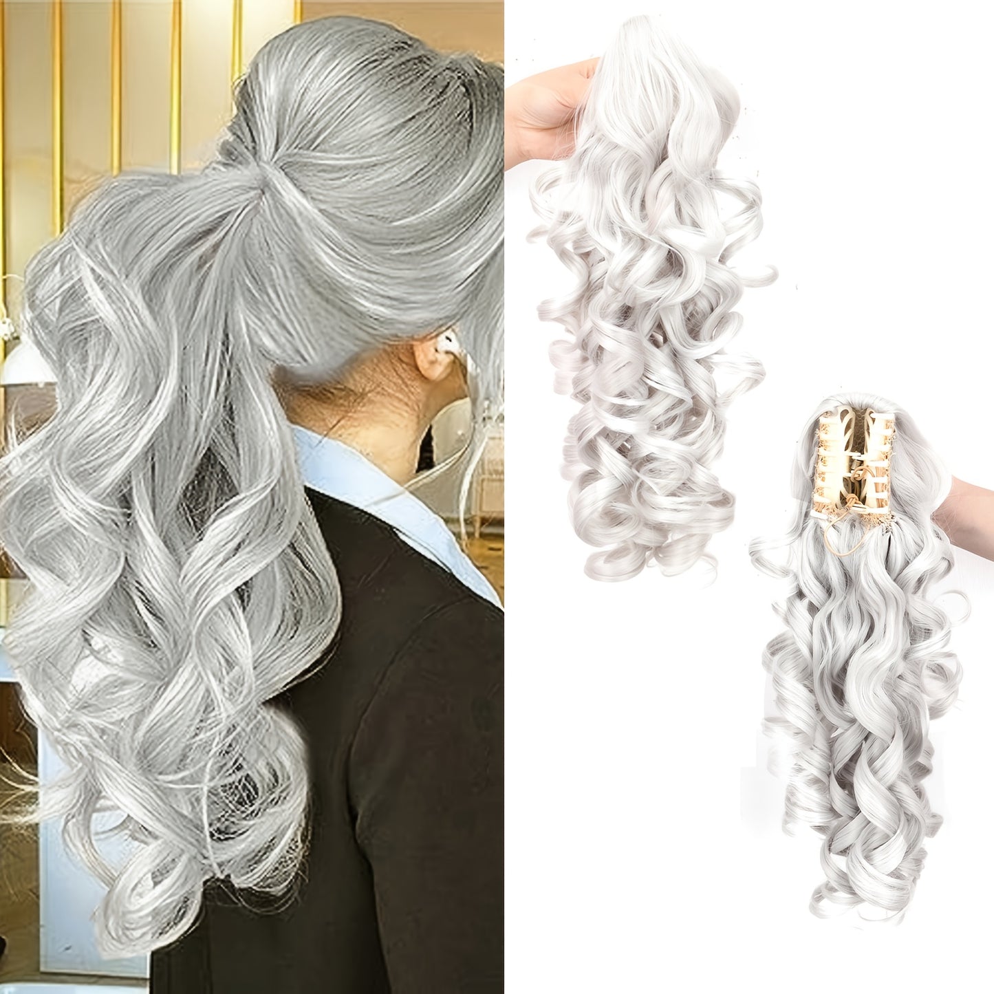 Ponytail Extension Curly Wave Claw Clip Synthetic Heat Resistant Hairpiece - Gradient Color Scroll Curls for Women Daily Wear Special Occasions 16 Inch