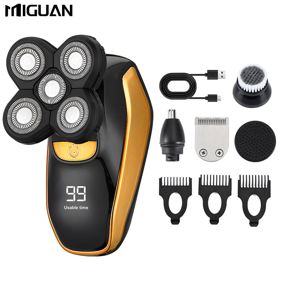 Men's Electric Shaver 5-in-1 Set USB Rechargeable Bald Head Clipper with Digital Display Nose Hair Trimmer Hair Clipper Exfoliating Brush Grooming Kit