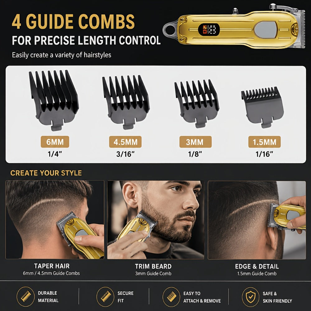 Barber Hair Clipper Kit for Men Professional USB Rechargeable Digital Size Adjustment Complete Set with Scissors 4 Limit Combs Cleaning Brush Gift for Dad Husband