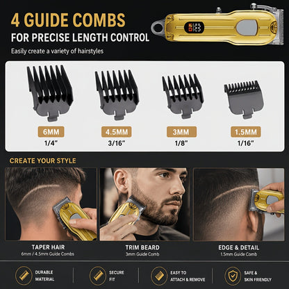 Barber Hair Clipper Kit for Men Professional USB Rechargeable Digital Size Adjustment Complete Set with Scissors 4 Limit Combs Cleaning Brush Gift for Dad Husband